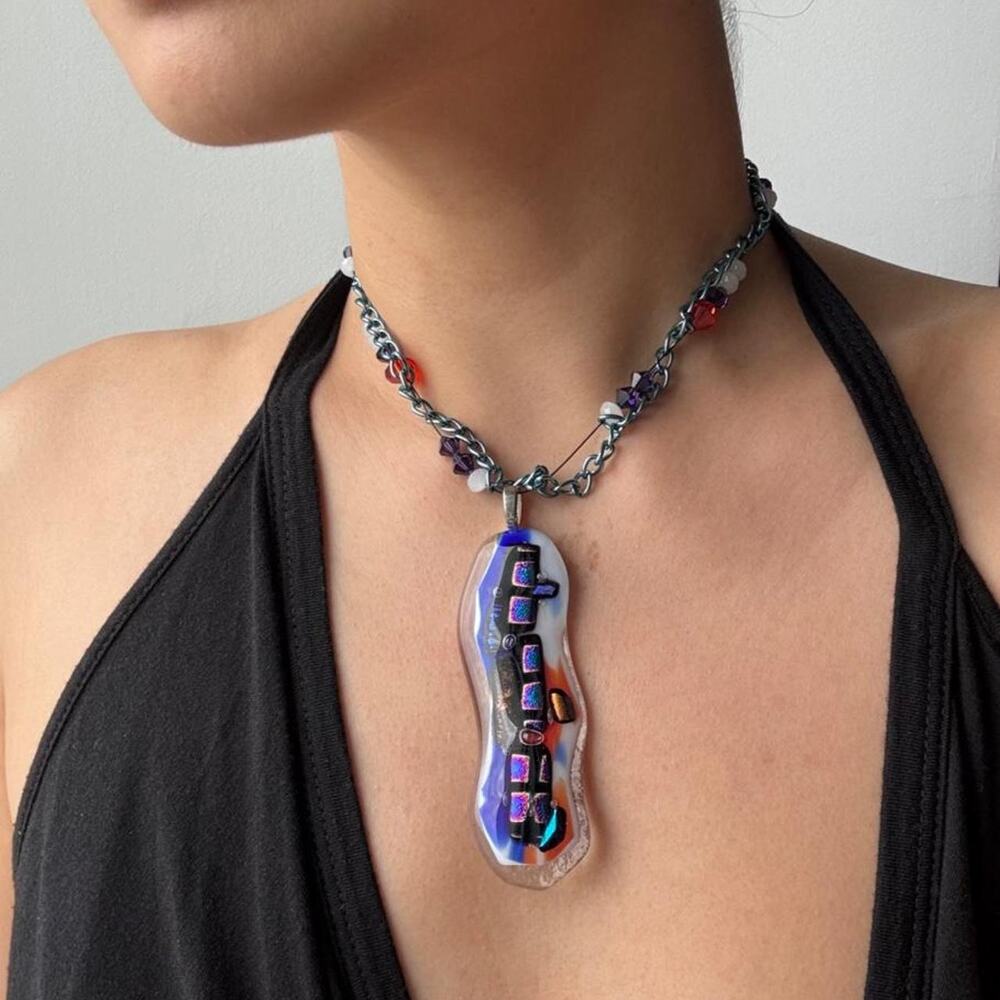 VTG handmade glass pendant necklace with blue and purple iridescent design